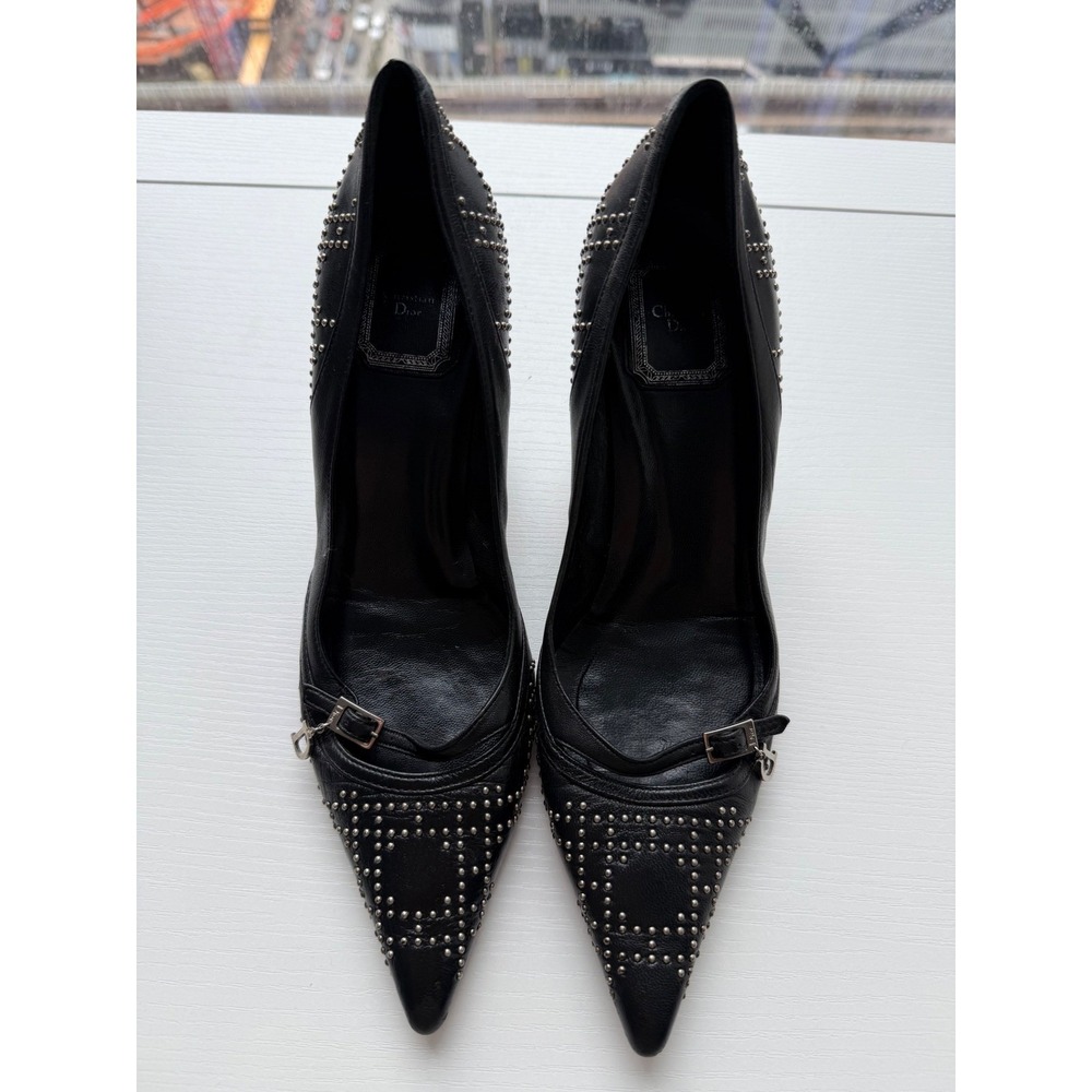 Christian Dior Black Leather Studded Pointed Toe Pumps Charm Heels Size 38 - Picture 16 of 16